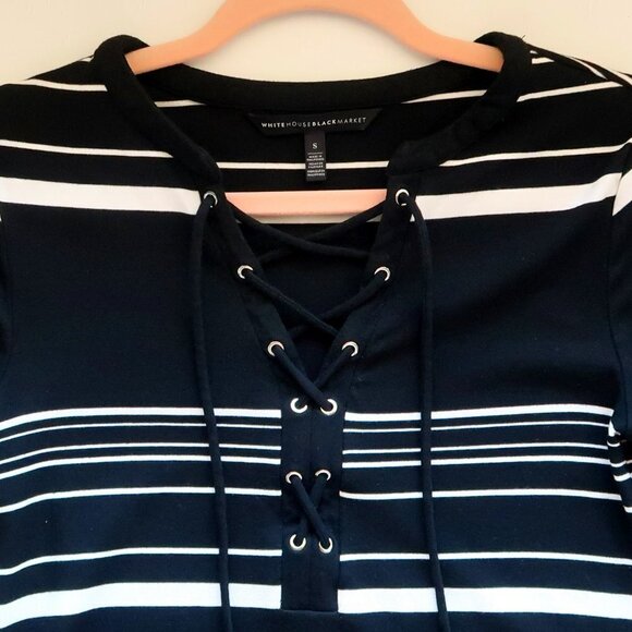 White House Black Market Short-Sleeve Stripe Lace-Up Knit Shift Mini Dress Small - Picture 9 of 13
